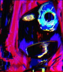 Rule 34 | 1girl, abstract, blood, blood on face, blue fire, cape, chromatic aberration, colored sclera, fire, flaming eye, hood, hooded cape, little red riding hooded mercenary, lobotomy corporation, looking at viewer, madotsuki ren, missing eye, portrait, project moon, red cape, solo, yellow sclera