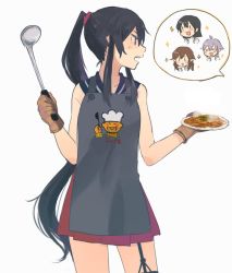 Rule 34 | &gt;:d, &gt; &lt;, 10s, 4girls, :d, agano (kancolle), annin musou, apron, bad id, bad twitter id, black apron, black hair, black sailor collar, brown hair, food, garter straps, holding, holding plate, kantai collection, long hair, multiple girls, noshiro (kancolle), open mouth, plate, pleated skirt, ponytail, purple hair, red eyes, red skirt, sailor collar, sakawa (kancolle), skirt, smile, solo focus, sparkle, v-shaped eyebrows, very long hair, yahagi (kancolle), yakisoba