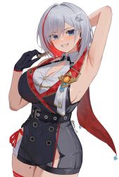 Rule 34 | 1girl, absurdres, bare shoulders, black gloves, blue eyes, breasts, cleavage, detached sleeves, gloves, grey hair, hair between eyes, hair ornament, highres, honkai: star rail, honkai (series), large breasts, looking at viewer, mole, mole on thigh, multicolored hair, nvl, red hair, short hair, simple background, smile, solo, streaked hair, thick thighs, thigh strap, thighs, topaz (honkai: star rail), white background