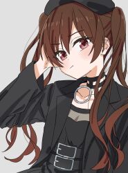 Rule 34 | 1girl, beret, black choker, black dress, black hat, black jacket, blush, bocchi the rock!, brown hair, choker, closed mouth, collarbone, commentary request, dress, grey background, hair between eyes, hand on own head, hand up, hat, highres, jacket, long hair, long sleeves, looking at viewer, o-ring, o-ring choker, official style, ootsuki yoyoko, open clothes, open jacket, red eyes, simple background, solo, to9 722, twintails, upper body