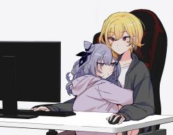 Rule 34 | 2girls, :t, alternate costume, blonde hair, casual, chair, closed mouth, commentary, cone hair bun, desk, earrings, english commentary, grey eyes, grey hair, hair between eyes, hair bun, hololive, hololive indonesia, hood, hoodie, hug, jewelry, kaela kovalskia, keyboard (computer), long hair, long sleeves, mitsumine (ookami no oyashiro), monitor, mouse (computer), multiple girls, pout, purple hoodie, red eyes, short hair, sitting, upper body, vestia zeta, virtual youtuber, white background, yuri