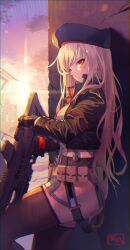 Rule 34 | 1girl, ass, assault rifle, belt, belt pouch, beret, black gloves, black thighhighs, blonde hair, breasts, gloves, goddess of victory: nikke, gun, hat, highres, jacket, leaning back, long hair, looking at viewer, medium breasts, necktie, outdoors, pouch, rapi (nikke), red eyes, rifle, shimotsuki shio, solo, sunset, thighhighs, weapon
