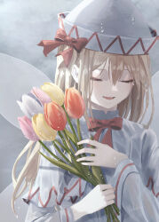 Rule 34 | 1girl, absurdres, artist name, blonde hair, capelet, closed eyes, dress, fairy, fairy wings, flower, fuduki., hair between eyes, hat, highres, holding, holding flower, lily white, long hair, long sleeves, open mouth, pink flower, red flower, signature, solo, touhou, upper body, wet, white capelet, white dress, white flower, white hat, wings, yellow flower