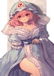 Rule 34 | 1girl, absurdres, blue hat, blue kimono, breasts, cleavage, closed mouth, collarbone, commentary, frilled kimono, frills, hair between eyes, hat, highres, japanese clothes, kimono, large breasts, long sleeves, medium hair, mob cap, obi, pink eyes, pink hair, qiu ju, saigyouji yuyuko, sash, sleeve garter, smile, solo, touhou, triangular headpiece, wide sleeves