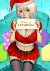 Rule 34 | 1girl, ariverkao, biting own lip, blue eyes, breasts, christmas, cleavage, english text, fur trim, hat, holding, holding sign, large breasts, lips, looking at viewer, merry christmas, midriff, navel, original, pleated skirt, santa costume, santa hat, short hair, sign, signature, silver hair, sitting, skirt, solo, thighhighs