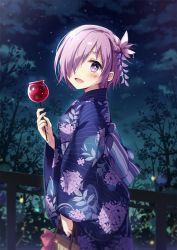 Rule 34 | 1girl, :d, alternate costume, bag, blue kimono, blurry, blush, candy apple, depth of field, fate/grand order, fate (series), floral print, food, from side, hair ornament, hair over one eye, holding, holding bag, holding food, japanese clothes, kanzashi, kimono, looking at viewer, mash kyrielight, night, nyanya, obi, open mouth, outdoors, purple eyes, purple hair, sash, smile, solo, star (sky), wide sleeves