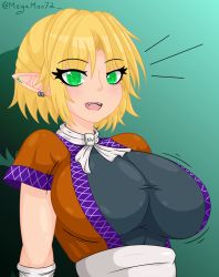 Rule 34 | 1girl, arm warmers, black shirt, blonde hair, breasts, ear piercing, fangs, green eyes, hashihime, highres, jacket, large breasts, megamoo, mizuhashi parsee, multicolored clothes, multicolored jacket, paru paru, piercing, pointy ears, sash, scarf, shirt, short hair, short sleeves, smile, touhou, white sash, white scarf