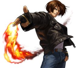 Rule 34 | 1boy, belt, brown eyes, brown hair, buckle, denim, finger gun, fingerless gloves, fire, gloves, highres, jacket, jeans, king of fighters xiii, kusanagi kyou, leather, leather jacket, male focus, official art, ogura eisuke, open clothes, open jacket, pants, pyrokinesis, short hair, snk, solo, the king of fighters, the king of fighters xiii, thumb in pocket, transparent background