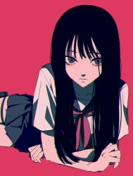 Rule 34 | 1girl, absurdres, arm support, black hair, black skirt, collarbone, commentary request, grey eyes, highres, long hair, looking at viewer, lying, neckerchief, on stomach, original, parted lips, pleated skirt, red background, red neckerchief, school uniform, serafuku, short sleeves, simple background, skirt, solo, thigh strap, thighs, urkt 10