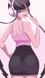 Rule 34 | ass, ass focus, black hair, black skirt, blouse, colored skin, creatures (company), elesa (pokemon), finger to mouth, game freak, highres, looking at viewer, looking back, nintendo, one eye closed, pink shirt, pokemon, pokemon bw2, shirt, simple background, skirt, solo, vivivoovoo, white background, white skin
