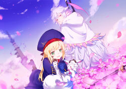 Rule 34 | 1boy, 1girl, artoria caster (fate), artoria caster (second ascension) (fate), artoria pendragon (fate), beret, black gloves, black pantyhose, blonde hair, blue bow, blue bowtie, blue cape, blue capelet, blue flower, blue footwear, blue headwear, bow, bowtie, cape, capelet, closed mouth, cloud, creature, day, fate/grand order, fate (series), flower, fou (fate), garden of avalon, gloves, green eyes, hair ribbon, hand on own cheek, hand on own face, hat, hood, hood down, hooded robe, leg up, long hair, long sleeves, looking at another, lying, merlin (fate), open mouth, outdoors, pantyhose, pink eyes, ribbon, robe, sidelocks, staff, very long hair, white hair, white robe, xuehua