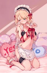 Rule 34 | 1girl, apron, aqua eyes, barefoot, bed, bedroom, blonde hair, blush, bound, bound wrists, bra, braid, braided bangs, breasts, bridal garter, chocolate, chocolate on body, chocolate on clothes, commentary request, embarrassed, food on body, g36 (girls&#039; frontline), girls&#039; frontline, hair between eyes, hair ribbon, heart, highres, imoko (imonatsuki), indoors, kneeling, lingerie, long hair, looking to the side, maid, maid headdress, medium breasts, navel, no, on bed, open mouth, pillow, ribbon, sidelocks, sitting, solo, stomach, tress ribbon, twin braids, underwear, very long hair, waist apron, yes, yes-no pillow