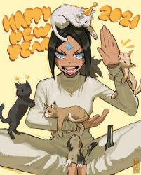 Rule 34 | 1girl, 2021, animal, animal on arm, animal on head, animal on lap, animal on leg, barefoot, beer bottle, biting, biting another&#039;s hand, biting hand, black cat, black hair, blue eyes, blush, breasts, cat, cat on head, commentary, edpan, english commentary, fake antennae, fingernails, gold teeth, happy, happy new year, hat, highres, holding, holding animal, holding cat, indian style, jewelry, kitten, long hair, looking at viewer, necklace, new year, nose blush, on head, on lap, open mouth, original, pants, parted bangs, party hat, ponytail, rima (edpan), sitting, small breasts, solo focus, sweatdrop, sweater, too many, too many cats, turtleneck, waving, white cat, white pants, white sweater