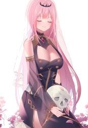 Rule 34 | 1girl, artist name, black nails, breasts, cleavage, cloak, closed mouth, cowboy shot, closed eyes, highres, holding, hololive, hololive english, large breasts, long hair, mori calliope, nail polish, pink hair, shoulder spikes, skull, smile, solo, spikes, umireki, virtual youtuber, watermark