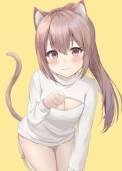 Rule 34 | 1girl, animal ear fluff, animal ears, blush, breasts, brown hair, cat ears, cat girl, cat tail, cleavage, cleavage cutout, closed mouth, clothing cutout, commentary request, fang, fang out, hair between eyes, hand up, highres, kneeling, long hair, long sleeves, looking at viewer, medium breasts, meme attire, open-chest sweater, original, ponytail, shadow, sidelocks, smile, solo, sweater, tail, umineco 1, very long hair, yellow background
