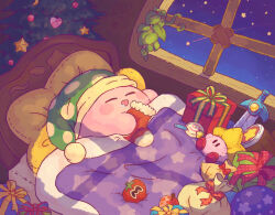 Rule 34 | bed, blanket, blush stickers, bow, box, christmas, christmas ornaments, christmas tree, closed eyes, colored skin, commentary request, drooling, gift, gift box, harukui, hat, indoors, kirby, kirby (series), leaf, maxim tomato, night, nintendo, open mouth, pillow, pink skin, plant, pom pom (clothes), saliva, shooting star, sleeping, solo, star (sky), star (symbol), toy sword, under covers, window