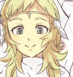 Rule 34 | 1girl, arms up, bad id, bad twitter id, blonde hair, circlet, fire emblem, fire emblem fates, grey eyes, long hair, looking down, lowres, namekomeshi, nintendo, ophelia (fire emblem), simple background, smile, solo, unfinished, upper body