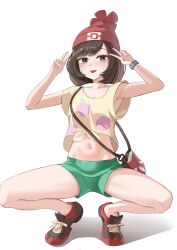 Rule 34 | 1girl, absurdres, bare legs, beanie, blush, brown eyes, brown hair, commentary, creatures (company), double v, eyelashes, floral print, game freak, green shorts, hands up, hat, highres, looking at viewer, lovehaejo, medium hair, navel, nintendo, pokemon, pokemon sm, red hat, selene (pokemon), shirt, shoes, short shorts, short sleeves, shorts, solo, spread legs, squatting, t-shirt, tied shirt, tongue, tongue out, v, white background
