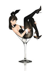 Rule 34 | 1girl, animal ears, bare arms, bare shoulders, black bow, black bowtie, black footwear, black leotard, black pantyhose, blunt bangs, bow, bowtie, breasts, brown eyes, brown hair, cleavage, closed mouth, cocktail glass, collar, collarbone, cup, detached collar, drinking glass, eyelashes, fake animal ears, fake tail, fingernails, full body, high heels, highres, in container, in cup, knee up, leg up, leotard, looking at viewer, medium breasts, medium hair, nail polish, original, pantyhose, patent heels, pink nails, playboy bunny, pumps, rabbit ears, rabbit tail, reclining, shoe dangle, shoes, side-tie leotard, simple background, smile, solo, stiletto heels, strapless, strapless leotard, tail, white background, white collar, wing collar, wrist cuffs, yomu (sgt epper)