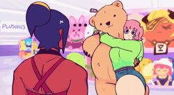 2girls animated black_eyes black_hair cdlum couple dark-skinned_female dark_skin denim denim_shorts multiple_girls pink_hair ponytail shop shopping short_shorts shorts stuffed_animal stuffed_toy tagme teddy_bear video