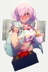 Rule 34 | 1girl, bikini, blush, breasts, cup, drunk, echo (circa), english text, fate/grand order, fate (series), glasses, hair over one eye, large breasts, light purple hair, looking at viewer, mash kyrielight, mash kyrielight (swimsuit of perpetual summer ver.02), multicolored bikini, multicolored clothes, navel, official alternate costume, open mouth, outstretched arm, purple eyes, rainbow bikini, see-through, short hair, striped bikini, striped clothes, swimsuit
