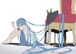 Rule 34 | 1girl, bare legs, barefoot, black hat, blue hair, blue skirt, blush, chair, hat, highres, hinanawi tenshi, knees up, leaf, leaning forward, legs, long hair, looking up, puffy short sleeves, puffy sleeves, pulling own hair, red eyes, ribbon, ribbon-trimmed sleeves, ribbon trim, shadow, shirt, short sleeves, sitting, skirt, solo, throne, touhou, tsune (tune), very long hair, white shirt