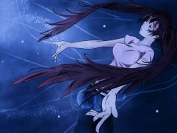Rule 34 | 00s, 1girl, air gear, belt, breasts, brown hair, closed eyes, glowing, large breasts, long hair, noyamano ringo, outstretched arms, outstretched hand, pants, purple hair, shirt, solo, spread arms, standing, t-shirt, twintails, very long hair, wallpaper