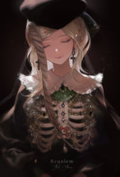 Rule 34 | 1girl, alternate costume, artist name, bad id, bad pixiv id, black background, black hat, blonde hair, bone, callarinc, closed eyes, commentary, cross, cross earrings, danganronpa (series), danganronpa 2: goodbye despair, dark, dark background, earrings, english commentary, english text, eyeball, feathers, frilled shirt collar, frills, hat, highres, jewelry, long hair, ribs, skull, smile, solo, sonia nevermind, upper body
