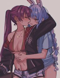 Rule 34 | 2girls, absurdres, alternate costume, animal ear fluff, animal ears, bikini, black jacket, blue hair, blue shirt, blush, braid, breasts, cleavage, closed eyes, collarbone, covered navel, cowboy shot, earrings, hair ornament, halterneck, hand on another&#039;s head, hand under clothes, heart, heart earrings, heart pendant, high ponytail, highres, hololive, homura (hmr0222), houshou marine, houshou marine (summer), jacket, jewelry, kiss, long hair, looking at another, medium breasts, multicolored hair, multiple girls, navel, necklace, off shoulder, official alternate costume, one eye closed, open clothes, open jacket, open mouth, panties, purple hair, rabbit ears, rabbit girl, rabbit tail, red bikini, red eyes, red hair, saliva, saliva trail, shirt, shorts, simple background, single bare shoulder, single off shoulder, stomach, sweat, swimsuit, t-shirt, tail, tongue, tongue out, twin braids, twintails, two-tone hair, underwear, usada pekora, very long hair, virtual youtuber, white hair, white panties, white shorts, yuri
