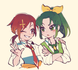 Rule 34 | 2girls, brown eyes, brown hair, collared shirt, crossed arms, green eyes, green hair, green necktie, green vest, grin, hair intakes, hair ribbon, hand on another&#039;s shoulder, hand up, hino akane (smile precure!), looking at another, midorikawa nao, multiple girls, necktie, one eye closed, open mouth, ponytail, precure, raised eyebrow, red necktie, ribbon, shirt, short hair, smile, smile precure!, teeth, ukata, upper body, vest, white shirt, yellow ribbon