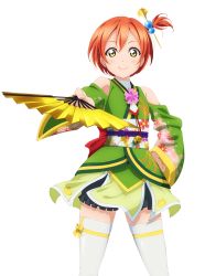 Rule 34 | 10s, 1girl, detached sleeves, hair bobbles, hair ornament, hairpin, hand fan, hand on own hip, holding, holding fan, hoshizora rin, looking at viewer, love live!, love live! school idol festival, love live! school idol project, one side up, orange hair, ribbon, short hair, smile, solo, standing, thighhighs, transparent background, white thighhighs, yellow eyes, yellow ribbon