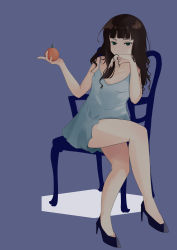 Rule 34 | 1girl, absurdres, aqua eyes, artist name, artist request, bare legs, bare shoulders, black hair, blue footwear, blush, breasts, cleavage, collarbone, curly hair, female focus, food, fruit, full body, green eyes, high heels, highres, holding orange, kurosawa dia, long hair, looking at viewer, love live!, love live! sunshine!!, mole, mole under mouth, on chair, orange (fruit), parted lips, shirt, sitting, small breasts, solo, ub takami, white shirt, yubi (ub takami)