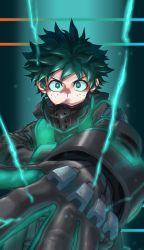 Rule 34 | 1boy, black gloves, bodysuit, boku no hero academia, boku no hero academia: world heroes&#039; mission, bright pupils, commentary request, freckles, gloves, green background, green bodysuit, green eyes, green gloves, green hair, highres, long sleeves, male focus, midoriya izuku, outstretched hand, solo, spiked hair, two-tone gloves, yomoyama yotabanashi