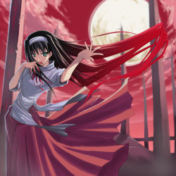 Rule 34 | 00s, 1girl, black hair, blood, blood on hands, blood on clothes, blue eyes, bow, dark, full moon, gradient hair, hairband, japanese clothes, long hair, long skirt, miko, moon, multicolored hair, red hair, red skirt, red sky, shingo (missing link), skirt, sky, solo, tohno akiha, tsukihime, wind, wind lift