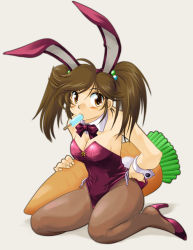 Rule 34 | 1girl, animal ears, bare shoulders, blush, bow, bowtie, breasts, brown eyes, brown hair, brown pantyhose, carrot, cleavage, detached collar, fake animal ears, food, food in mouth, hair bobbles, hair ornament, high heels, leotard, long hair, mouth hold, original, oversized object, pantyhose, playboy bunny, popsicle, purple footwear, rabbit ears, rabbit tail, ranbu hararin, shoes, sitting, solo, tail, wariza, wrist cuffs