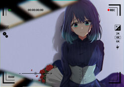 Rule 34 | 1girl, absurdres, battery indicator, blackwhite wind, blue dress, blue eyes, blue hair, bouquet, clapperboard, commentary request, dress, flower, gradient hair, highres, holding, holding bouquet, kurokawa akane, long sleeves, multicolored hair, oshi no ko, rose, short hair, tearing up, tears, viewfinder