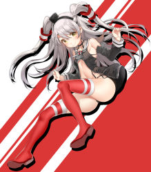 Rule 34 | amatsukaze (kancolle), bad id, bad pixiv id, bikini, black hairband, black hat, black panties, blush, boots, breasts, detached sleeves, floating hair, full body, hair between eyes, hairband, hat, kantai collection, long hair, looking at viewer, midriff, mini hat, navel, panties, red footwear, shiosoda, side-tie bikini bottom, sideboob, silver hair, small breasts, smile, solo, stomach, swimsuit, thigh boots, thighhighs, twintails, two side up, underwear, very long hair, yellow eyes