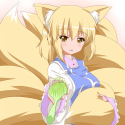 Rule 34 | 1girl, aiming, aiming at viewer, animal ears, bad id, bad pixiv id, blonde hair, blush, dress, female focus, fox ears, fox tail, fueiku, hair brush, holding own tail, looking at viewer, multiple tails, no headwear, outstretched hand, short hair, smile, solo, tabard, tail, touhou, upper body, white dress, yakumo ran, yellow eyes