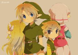Rule 34 | 2boys, 2girls, artist name, back, belt, blonde hair, blue eyes, blush, closed mouth, dress, floating hair, gloves, jewelry, link, long hair, looking up, multicolored hair, multiple boys, multiple girls, multiple persona, necklace, nintendo, open mouth, pink dress, princess zelda, the legend of zelda, the legend of zelda: ocarina of time, the legend of zelda: spirit tracks, the legend of zelda: the wind waker, tiara, tokuura, toon link, toon zelda, upper body, young link, young zelda