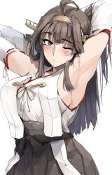 Rule 34 | 1girl, ahoge, armpits, arms behind head, arms up, bare shoulders, blowing kiss, blush, breasts, brown hair, commentary, detached sleeves, hair ornament, hairband, highres, japanese clothes, kantai collection, kongou (kancolle), large breasts, long hair, looking at viewer, nontraditional miko, puckered lips, skirt, solo, tagme, zekkyon