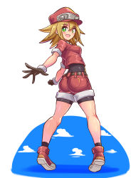 Rule 34 | 1girl, ass, blonde hair, boots, breasts, cabbie hat, capcom, cougar (cougar1404), from behind, gloves, green eyes, hat, looking at viewer, looking back, medium hair, mega man (series), mega man legends (series), open mouth, red shorts, roll caskett (mega man), shiny clothes, shiny skin, short shorts, shorts, sideboob, smile, solo