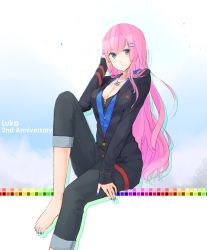 Rule 34 | 1girl, adjusting hair, barefoot, blue eyes, breasts, cleavage, fingernails, hair ornament, hairclip, highres, jewelry, large breasts, long hair, megurine luka, nail, nail polish, necklace, peconi, pekoni (peconi), pink hair, solo, toenails, vocaloid