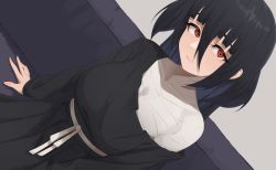 Rule 34 | 1girl, absurdres, bandaged chest, bandaged head, bandages, black dress, black hair, breasts, closed mouth, commentary request, couch, dress, fukayama (0ppaityuki), hair between eyes, highres, indoors, large breasts, long hair, looking at viewer, off shoulder, red eyes, sidelocks, sitting, solo, very long hair, yamada tae, zombie land saga