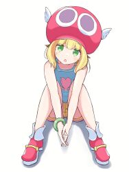 Rule 34 | 1girl, amitie (puyopuyo), blonde hair, blue shirt, blush, bracelet, green eyes, hat, highres, jazz grace, jewelry, looking at viewer, on ground, own hands together, puyopuyo, red footwear, red hat, shirt, short hair, shorts, simple background, solo, white background, white wings, winged hat, wings