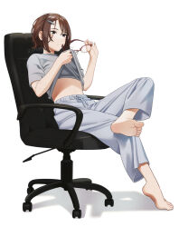 Rule 34 | 1girl, artist name, barefoot, blush, brown hair, chair, cleaning glasses, closed mouth, clothes lift, commentary request, feet, foot up, full body, grey eyes, grey pants, grey shirt, hair ornament, hairclip, holding, holding removed eyewear, mattaku mousuke, medium hair, navel, office chair, original, pants, red-framed eyewear, shadow, shirt, shirt lift, short sleeves, signature, simple background, sitting, soles, solo, swivel chair, toenails, toes, unworn eyewear, white background