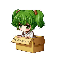 Rule 34 | 1girl, box, cardboard box, female focus, for adoption, green eyes, green hair, hair bobbles, hair ornament, in box, in container, kei (pixiv), kei kei, kisume, matching hair/eyes, sad, short hair, solo, tears, text focus, touhou, translated, twintails