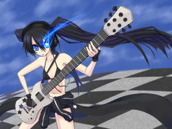 Rule 34 | + +, 10s, black hair, black rock shooter, black rock shooter (character), blue eyes, coat, flat chest, gloves, glowing, glowing eyes, guitar, headphones, instrument, kurakumo nue, solo, star (symbol), twintails, uneven twintails