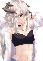 Rule 34 | 1girl, absurdres, alternate costume, arknights, armpits, arms up, bandeau, bare shoulders, black choker, breasts, chiwa (chiwawanwan1206), choker, cigarette, cleavage, commentary request, highres, horns, jewelry, long hair, medium breasts, mouth hold, navel, necklace, off shoulder, orange eyes, saria (arknights), solo, stomach, strapless, tube top, upper body, white hair