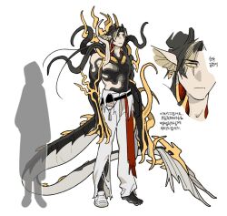Rule 34 | 1boy, 1other, animal hands, arknights, black hair, blonde hair, chong yue (arknights), closed mouth, colored sclera, commentary request, doctor (arknights), dragon boy, dragon horns, dragon tail, earrings, fins, floating hair, full body, head fins, highres, horns, jewelry, jjeobjjeobdogta (wjqwjqehrxk), korean commentary, korean text, long hair, long tail, looking at viewer, low ponytail, male focus, monster boy, monsterification, multicolored hair, multiple views, pants, red eyes, scales, shoes, silhouette, simple background, single shoe, streaked hair, tail, topless male, torn clothes, torn pants, translation request, webbed hands, white background, yellow eyes, yellow horns, yellow sclera