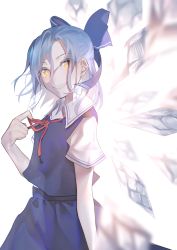 Rule 34 | 1girl, absurdres, blue bow, blue hair, bow, cirno, collared shirt, commentary request, ear piercing, eyes visible through hair, hair bow, highres, holding, holding ribbon, ice, ice wings, looking at viewer, neck ribbon, piercing, red ribbon, ribbon, seta 1005, shirt, smile, solo, touhou, white shirt, wings, yellow eyes